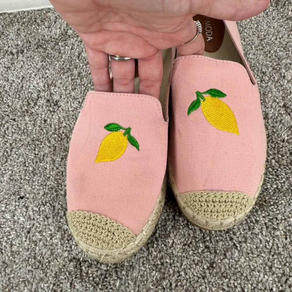 Top Moda Pink Lemon Embroidered Canvas‎ Espadrille Flats 8 W Fruit Resortwear